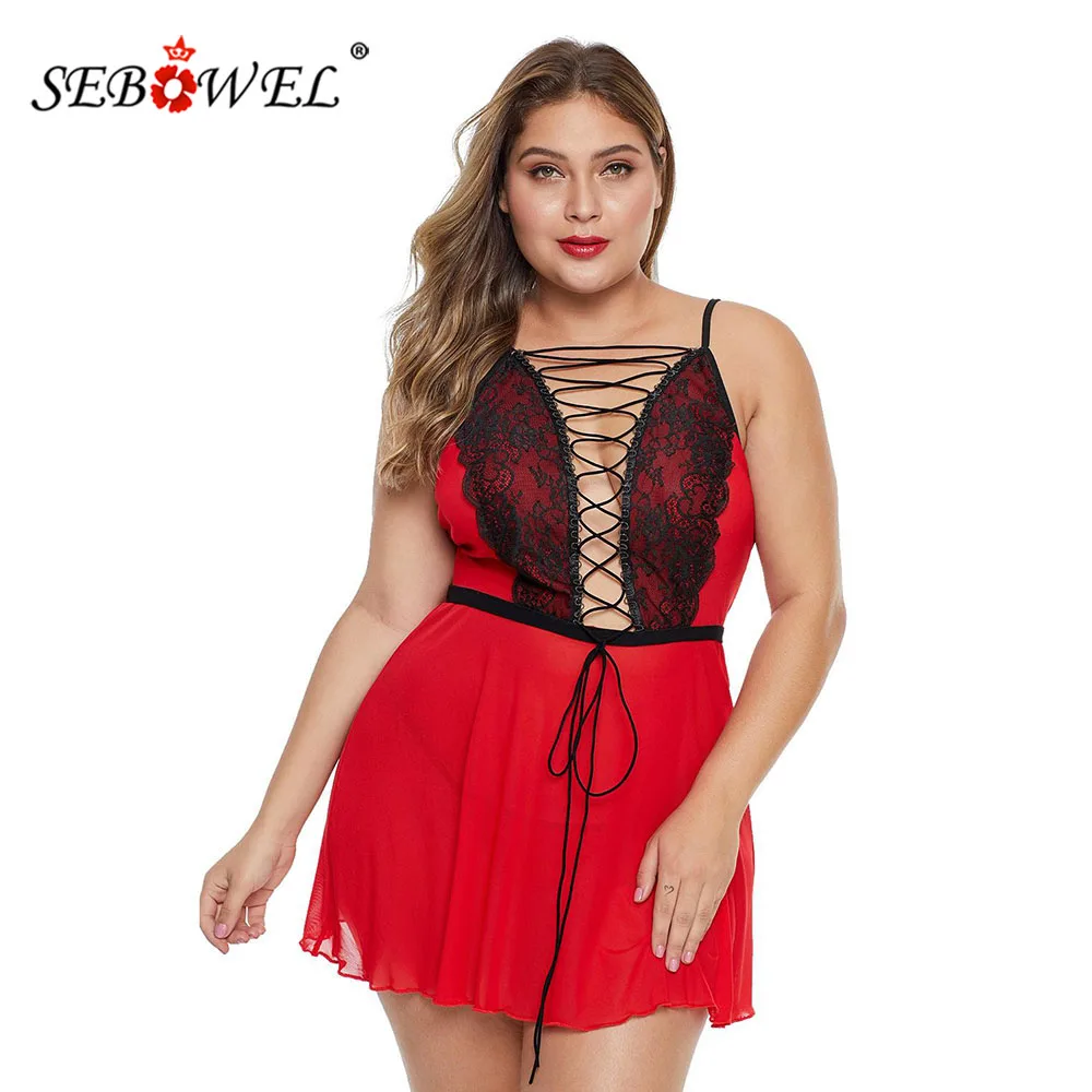 SEBOWEL Сексуальный Плюс Размер легкое кружево тесьма-up женщина Babydoll наборы Lingeries