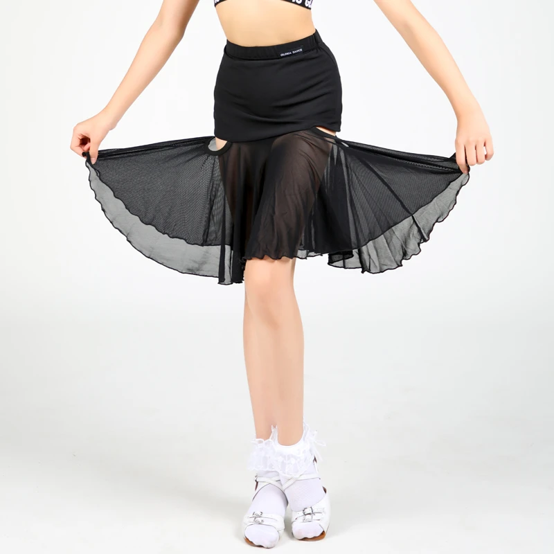Girls Latin Dance Skirt Black/Red Mesh 