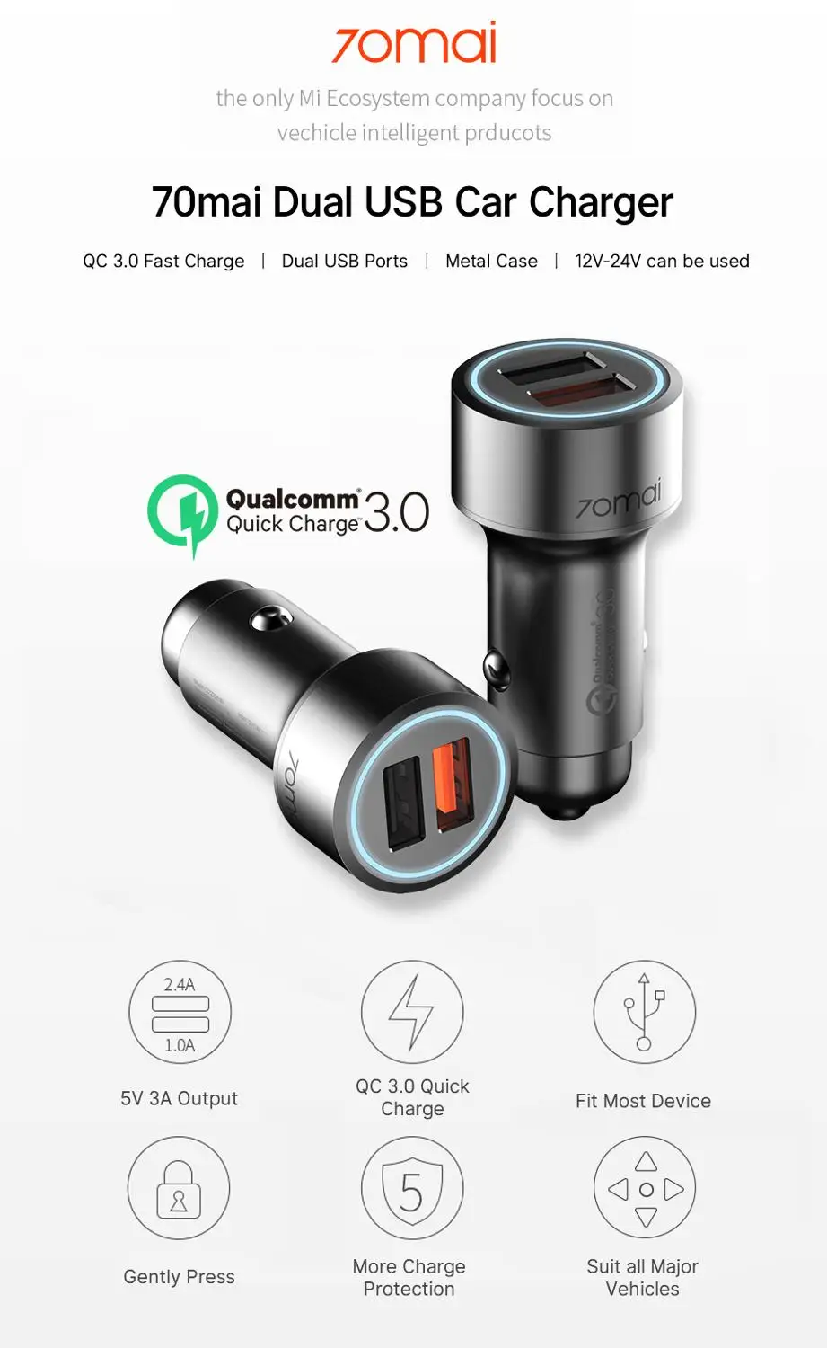 70mai QC 3 0 Автомобильное зарядное устройство с двумя USB портами и 2USB портами|Кабели