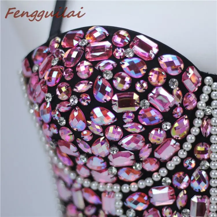 FENGGUILAI, новинка, фиолетовый, стразы, бисер, бюстье, жемчуг, бриллиант, пуш-ап, для ночного клуба, без косточек, женский бюстгальтер, укороченный топ, жилет размера плюс