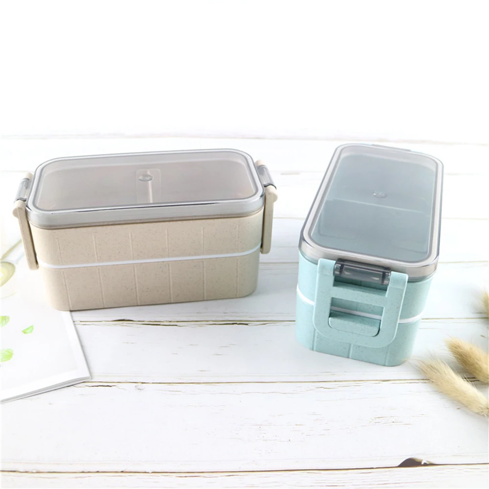 New 1200ml Wheat Straw Double 3 Layer Lunch Box With Spoon Healthy Material Bento Box Microwave Food Storage Container Lunchbox