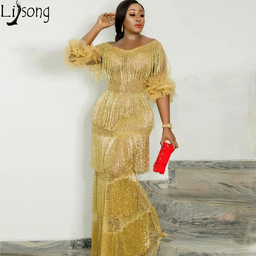 Aso Ebi, золотое, желтое вечернее платье русалки, черное, для девочек, в нигерийском стиле, для женщин, с коротким рукавом, для выпускного вечера, с блестками, торжественное платье с кисточкой