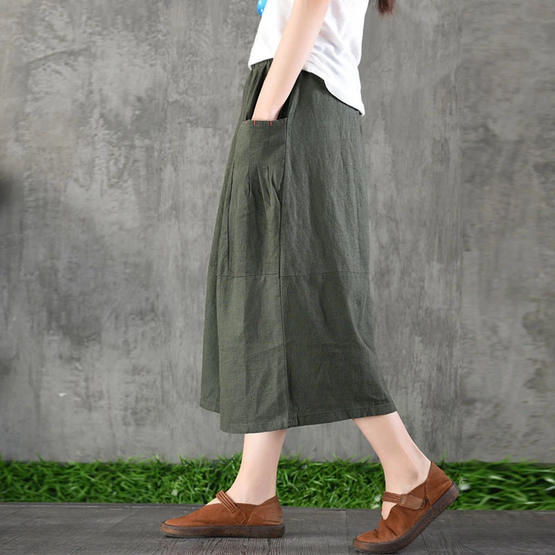 NINI WONDERLAND Spring Solid Cotton Linen Skirt Women Patchwork Loose A-line Skirt Female Mori Girl Style Skirt With Pocket