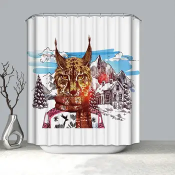 

Shower Curtain Colored Pencil Drawing Cat with Red Scarf Stands in Front of The House by Snow Under Blue Sky Waterproof