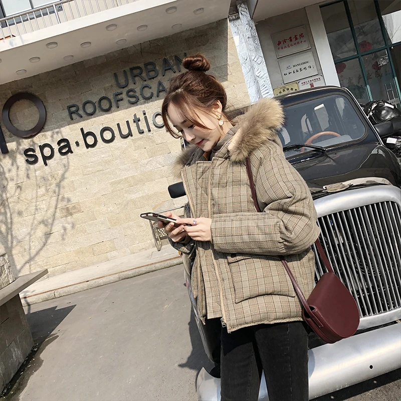 

Checked Oversized Women Winter Jacket Korean Short Plaid Padded Female Fashionable Winter Coat Hooded With Fur Parka Outwear