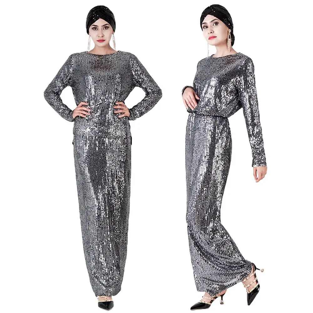 Moslim Vrouwen Pailletten Twee Delige Set Jurk Abaya Islamitische Kaftan Jilbab Tops Rok Party Luxe Tops + Rok Arabische Volledige cover Mode Moslim Vrouwen Pailletten Twee Delige Set Jurk Abaya Islamitische Kaftan Jilbab Tops Rok Party Luxe Tops + Rok Arabische Volledige cover Mode