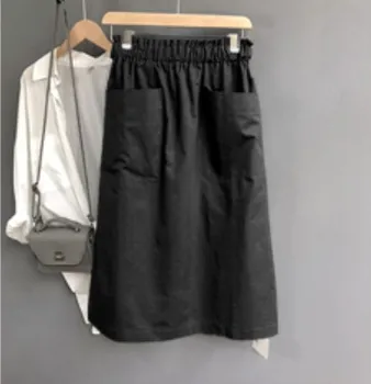 

080 Vintage Stretch High Waist Summer Women Midi Skirt Pocket Design Saia Women A-Line Skirt With Belt Faldas Jupe Femme
