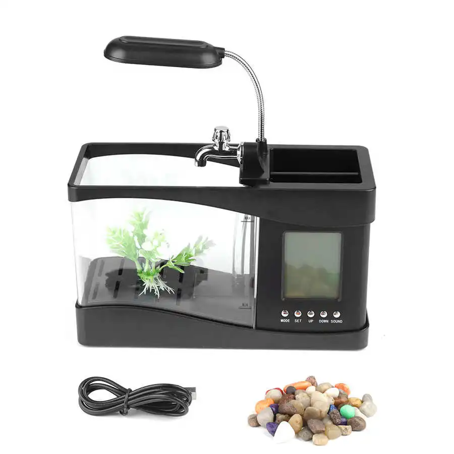 USB Rechargeable Desktop Aquarium Mini Fish Tank Multifunction Aquarium w/ LED Light LCD Display Screen and Clock Fish Supplies