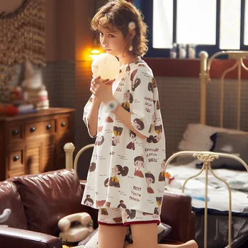 

O 2020 Summer Cartoon Printed Sleepwear Home Short-Sleeved Shorts Pajamas Set
