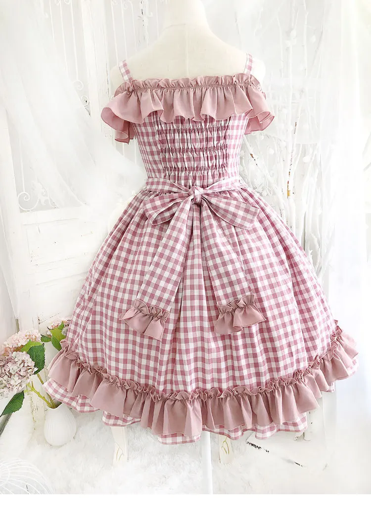 Клубничный мусс тема Kawaii Лолита Сексуальная с открытыми плечами розовый плед Холтер платье женская элегантная принцесса оборками платье Лето