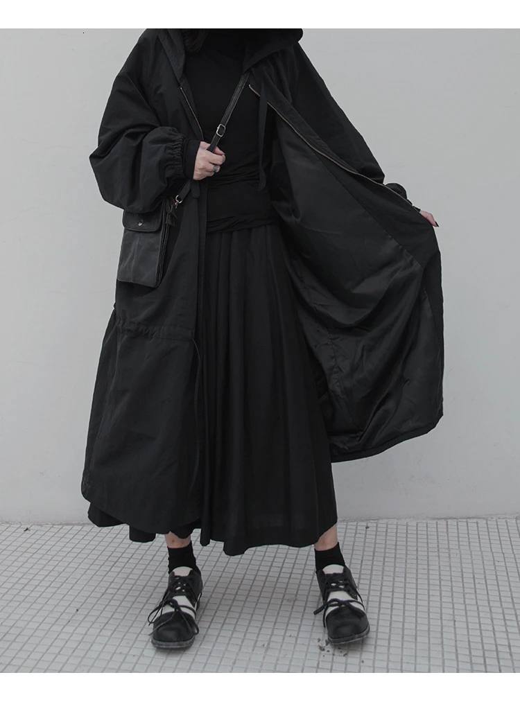 TVVOVVIN модная однотонная черная темная стильная ветровка, свободная куртка с капюшоном и воротником, длинное пальто для мужчин и женщин ZX475