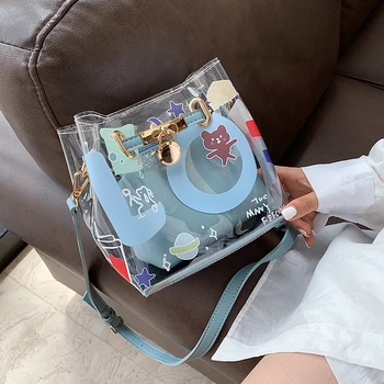 

French Design Fashion Cartoon Printed Transparent Bucket Bag Handbag Cute Crossbody Bag Shoulder Bag Width 17cm Height 17cm