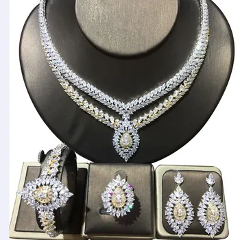 

GODKI UAE 4pcs 2 Tone Flowers DUBAI Bridal Necklace Set For Women Wedding Nigeria Zircon Crystal Dress PARTY Jewelry sets 2020