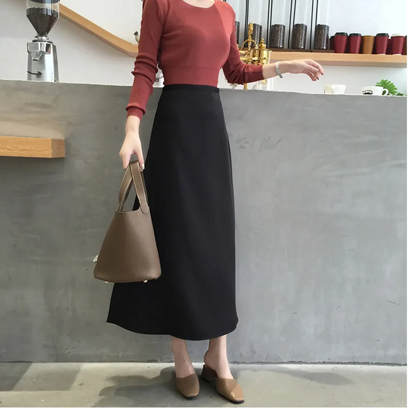 Корейские летние женские длинные юбки с высокой талией атласная юбка женская уличная одежда большого размера миди трапециевидная юбка jupe femme - Цвет: black