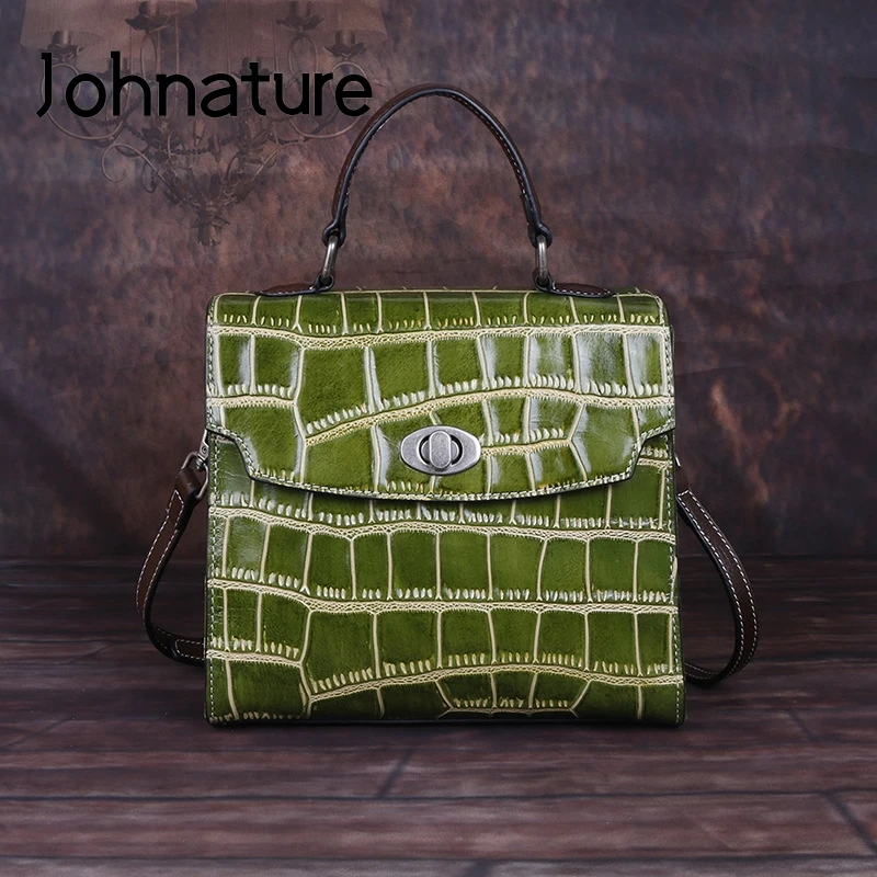 

Johnature Handmade Genuine Leather Women Bag 2020 New Vintage Alligator Handbag Leisure Female Cowhide Shoulder Messenger Bag