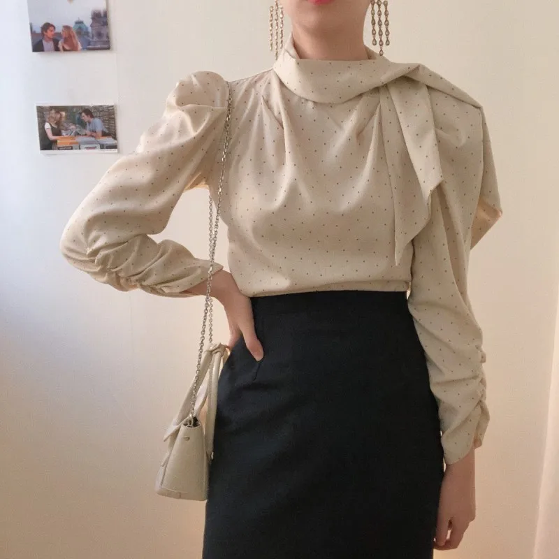 HziriP Женские топы и блузки с пышными рукавами блузка в горошек офисная рубашка Blusas