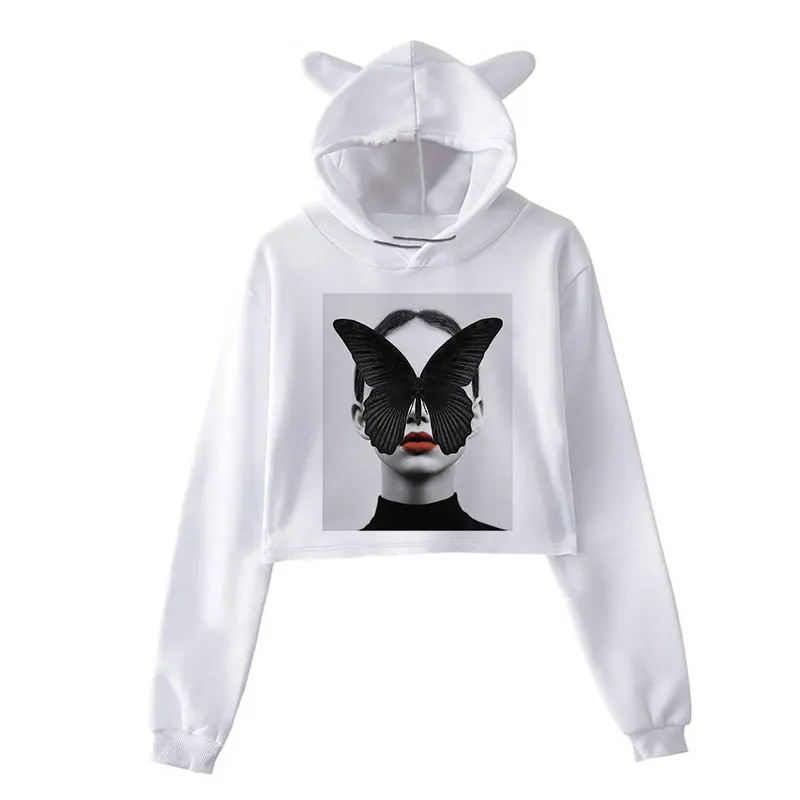 Crop Top Felpa Con Cappuccio Modernist Sexy Lady Feather Butterfly Felpa Donna Taglie Forti Abiti Stile Coreano Estetico Manica Lunga Anni '90