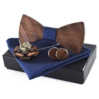 

Pocket Square Brooch Tie Hanky Cufflink Sets Striped Wooden Bow Tie Ties for Mens