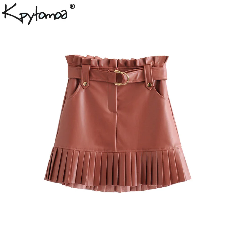 Винтажная стильная плиссированная мини-юбка из искусственной кожи с карманами для женщин модная короткая юбка на молнии с ремнем шикарная Женская юбка