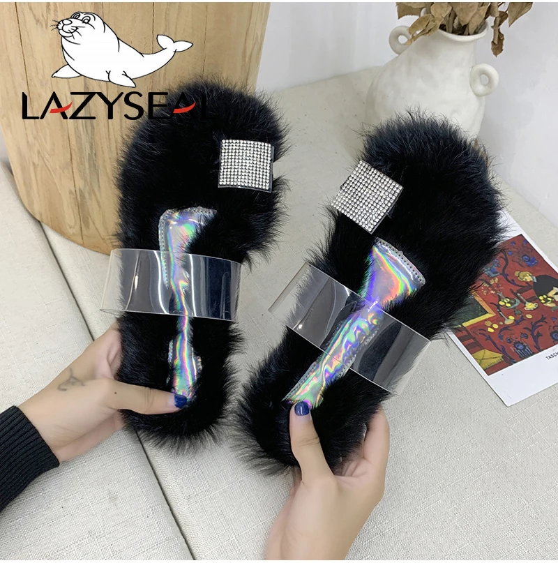 LazySeal/тапочки со стразами; женская домашняя плюшевая обувь с натуральным кроличьим мехом; домашняя пушистая обувь на плоской подошве с открытым носком