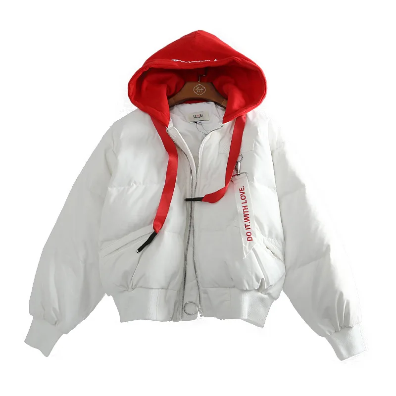 6p109 White Short down Jacket CHIC Girly Style College by Age Mock Two-Piece Contrast Color Hooded down Coat