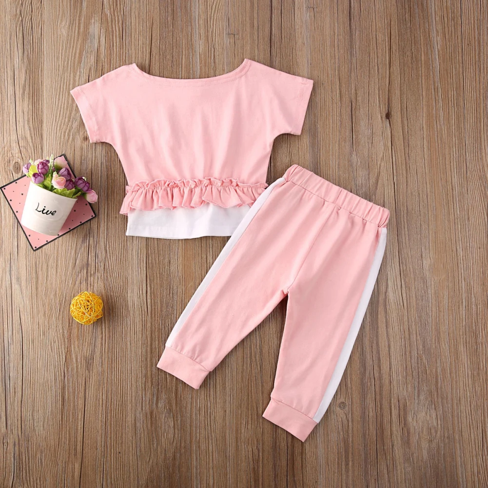 Комплект одежды из 2 предметов для маленьких девочек футболка с короткими рукавами и оборками Топы+ розовые штаны, леггинсы летний комплект