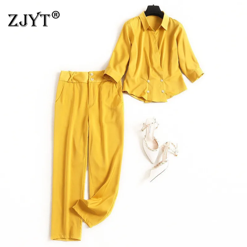 

2020 Spring Office Lady Two Piece Outfit Fashion Women Set Elegant Solid Blouse and Pants Suit Matching Sets