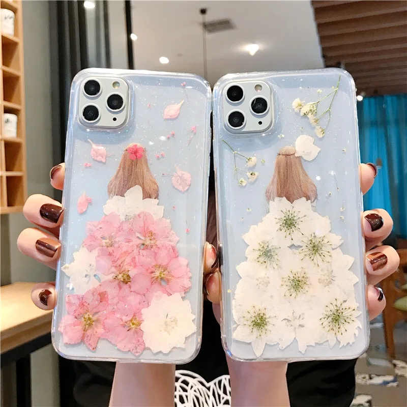 

New For iPhone 11 Pro Max X XR XS Max Phone Cases Real Flower DIY Dried Pressed Dress girl Transparent Silicone TPU Cover Cases