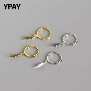 

YPAY Solid 925 Sterling Silver Hoop Earrings for Women INS Geometric Lightning Pendant Earring Brinco Fine Jewelry Gifts YME513