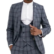 

Grey Plaid Wedding Men Suits Sets Notch Lapel Grid Blazer Trousers Custom Made Groom Tuxedo Party Wear Man's Jacket+Pants+Vest