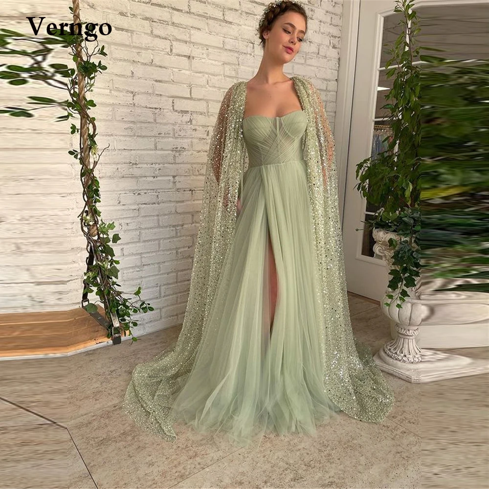 Verngo 2022 New Light Sage Green Tulle Prom Dresses With Long Glitter