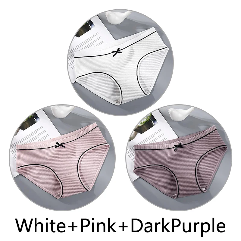 White Pink D-Purple 3 шт./партия, хлопковое нижнее белье, женские однотонные сексуальные трусы, бесшовные, средняя посадка, трусики, женское нижнее белье, мягкие интимные трусики с бантом - Цвет: White Pink D-Purple