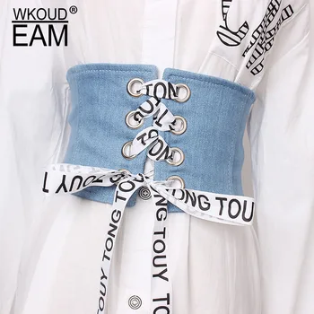 

EAM 2020 New Letter Decoration Bandage Denim Corset Belt Women Casual All-match Wide Belt Trendy Waistband Tide PF571
