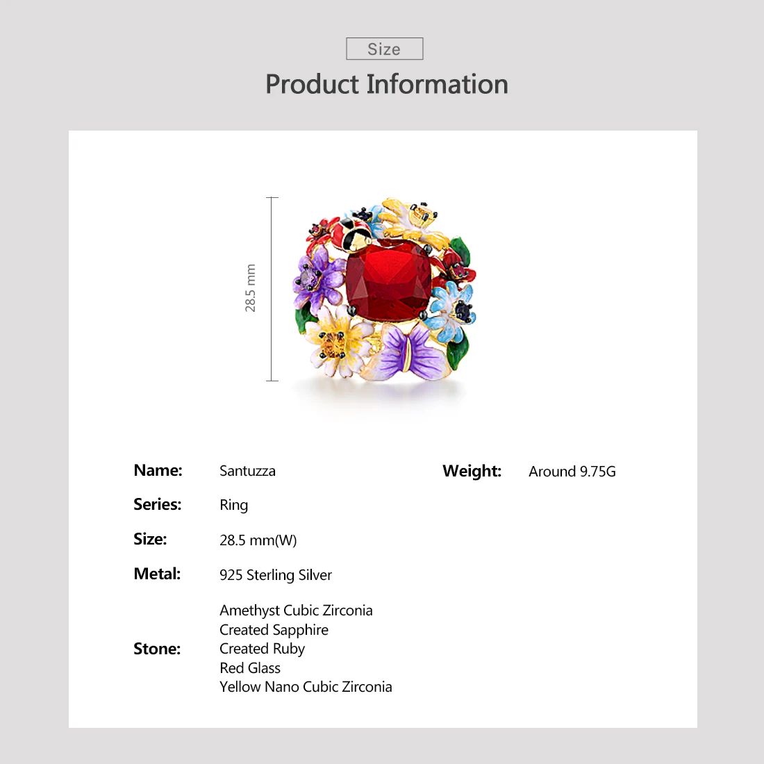 SANTUZZA-순수한 925 스털링 실버 반지, 여성을 위한 화려한 꽃 무당 벌레 반지 스파클링 레드 스톤 수제 에나멜 고급 주얼리  - AliExpress