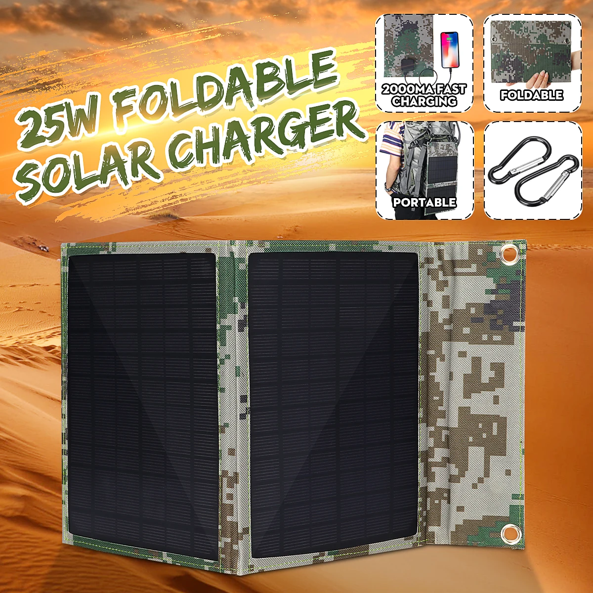 

2019 New EORY 25W 5V Foldable Solar Panel Solar Power Bank Solar Cells Pack with Dual USB Port for Backpack Camping Hiking