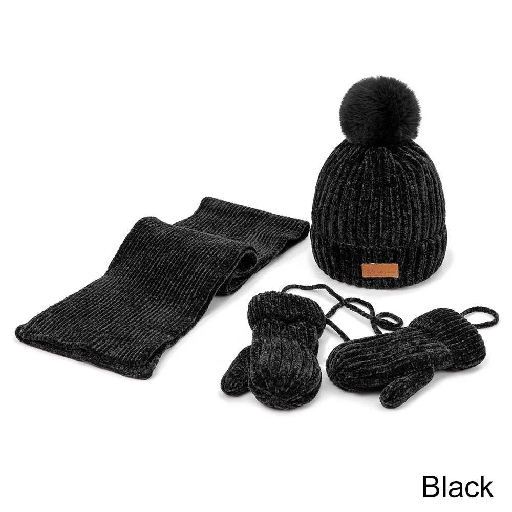 WISHCLUB Winter Hats For Baby Winter Hat Scarf Warm Scarf Hat Gloves Set For Boys Female Hat Scarf Set Girl 's Skullies Beanies - Color: Black