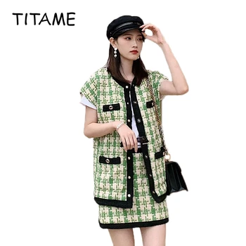 

TITAME Women Two Piece Jacket Set Women Tweed Slim Plaid Skirt Set Single-breasted Short Sleeve Jacket Coat Mini Skirts Suit Set