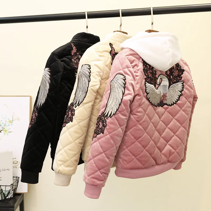 

Cotton Coat Women's Short 2019 New Style Winter Embroidered Thick Baseball Uniform Coat Gold Velvet Rhombus Harajuku Small Cotto