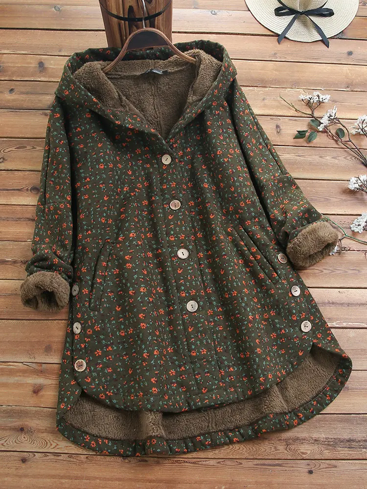green flower Плотная зимняя женская верхняя одежда, пальто, винтажная клетчатая теплая плотная верхняя одежда с длинным рукавом, верхняя одежда с капюшоном, верхняя одежда для женщин - Цвет: green flower