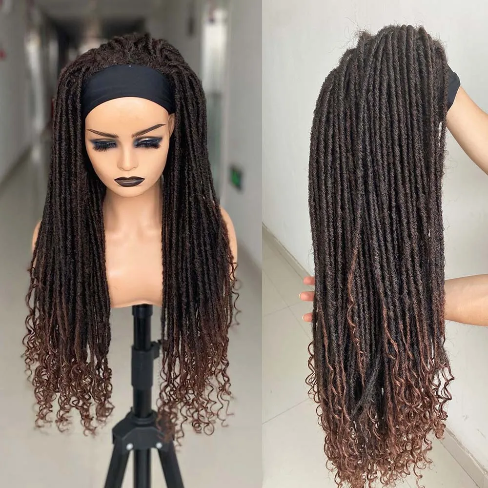 

26 Inch Dreadlock Synthetic Headband faux locs Wigs With Scarf Ombre Brown Braiding Crochet Twist Hair Wigs For Black Women