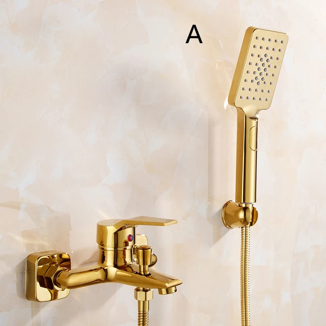 1ชุดอ่างอาบน้ำก๊อกน้ำเดี่ยวทองเหลืองมือถือ Golden Bath Shower Mixer Tap พร้อมฝักบัวอาบน้ำ Hand Wall Mount 2