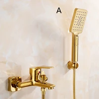 1Set Bathtub Faucet Single Handle Handheld Brass Golden Bath Shower Mixer Tap With Hand Shower Wall Mount 2