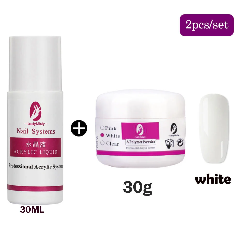 30g white set LadyMisty акриловую пудру, 3D нейл-арта с украшением в виде кристаллов порошки прозрачный розовый белый резной Кристальный полимера поли удлинитель гель на плюшевой подкладке, решение - Цвет: 30g white set
