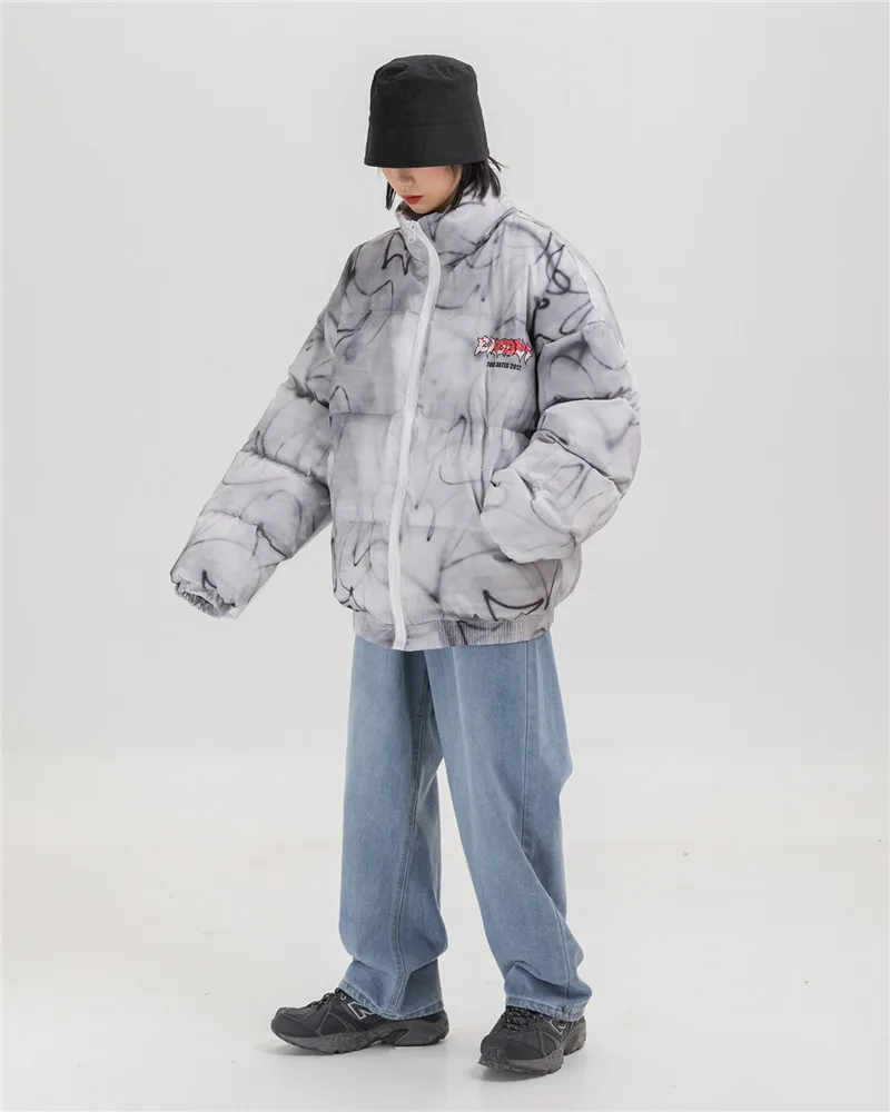 Модная куртка с принтом в стиле Харадзюку, мужская куртка на молнии, свободная парка с воротником-стойкой, новая зимняя верхняя одежда, теплая дутая куртка, пальто