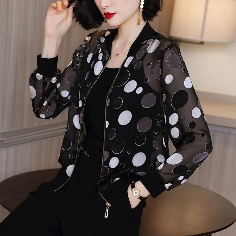Chaqueta de gasa con estampado de lunares para mujer, chaqueta de gasa con solapa y cuello y manga larga|chaquetas básicas| - AliExpress