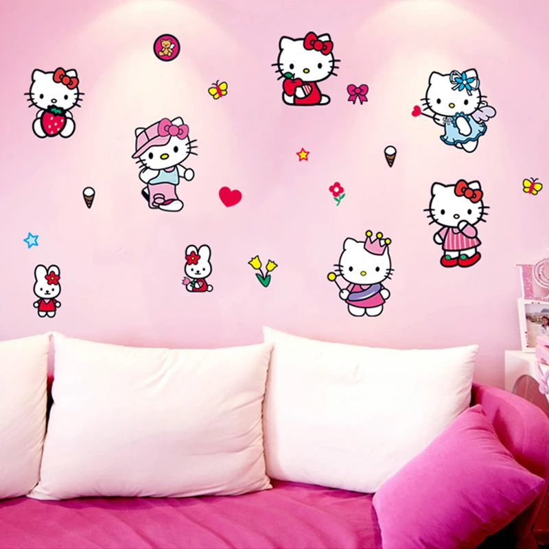 Мультяшные наклейки на стену для детей, украшение комнаты своими руками, Розовые наклейки на стену hello kitty для девочек, спальни, домашний декор