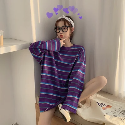 Фиолетовый Женская летняя футболка Kawaii винтажная Милая свободная полосатая Повседневная футболка с круглым вырезом Женская милая Туника Харадзюку для женщин Топ - Цвет: Фиолетовый