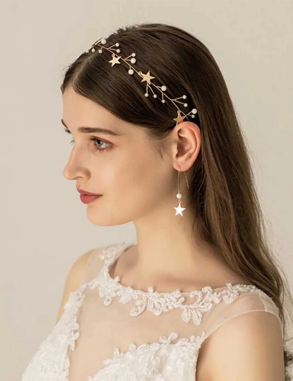 Wedding Earrings Headband Jewelry Set Gold Stars Bohemian Headpiece Crystal Pearl Hair Vine Star Halo Bridal Hair Accessories