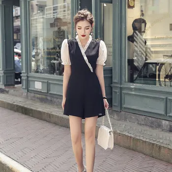 

Fashion 2019 Summer Women Casual Lantern Sleeve Rompers Office Lady High Waist Patchwork Jumpsuit Black V-Neck Mesh Playsuit