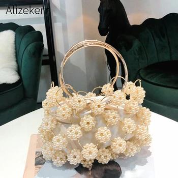 

Hollow Out Pearl Ball Evening Bag Women 2019 Korean Handmade Metallic Ring Handle Ladies Beaded evening Clutch Bag Purses Gold